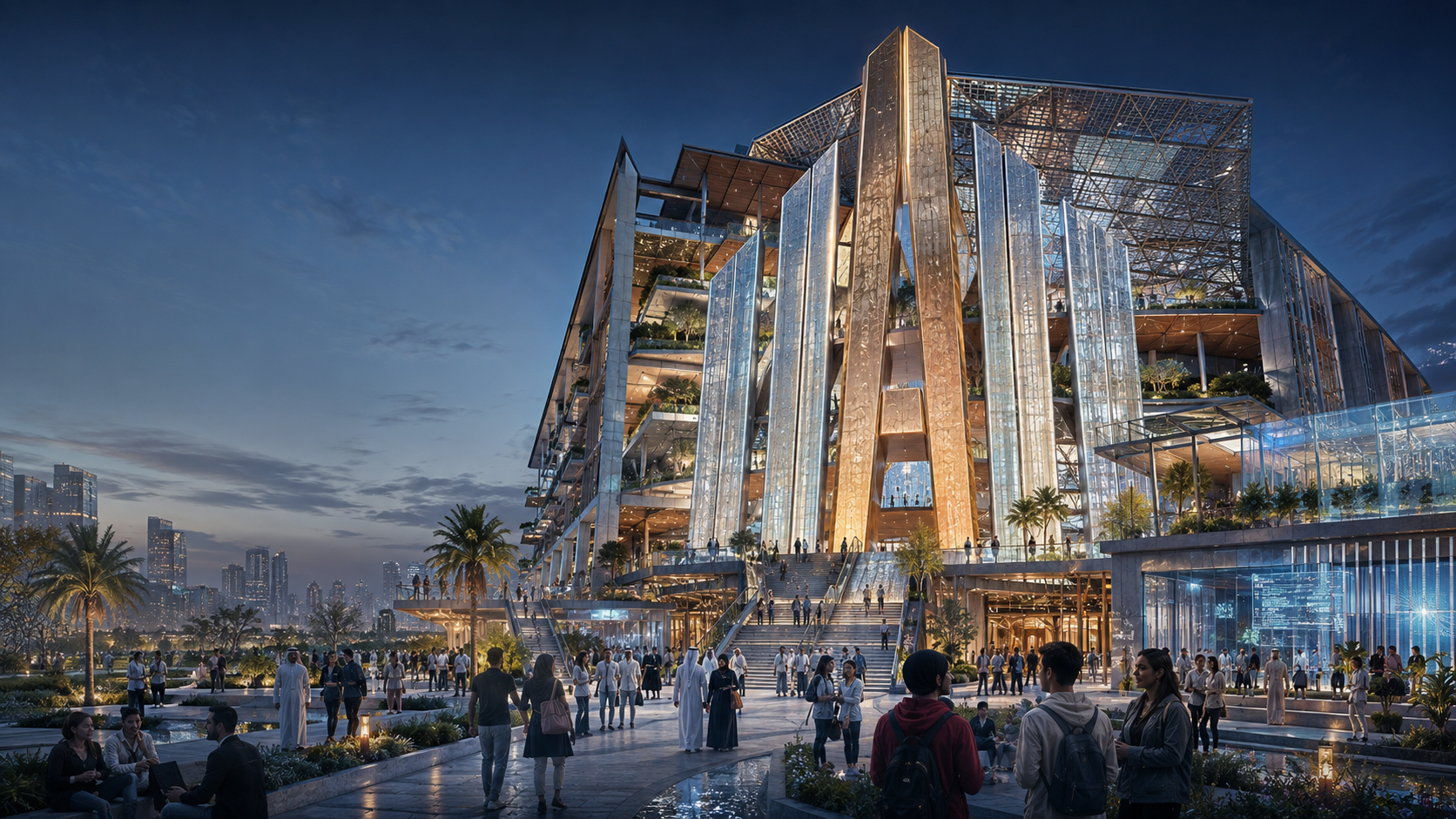 A living ARKAN5 urban learning environment where people move through translucent architecture